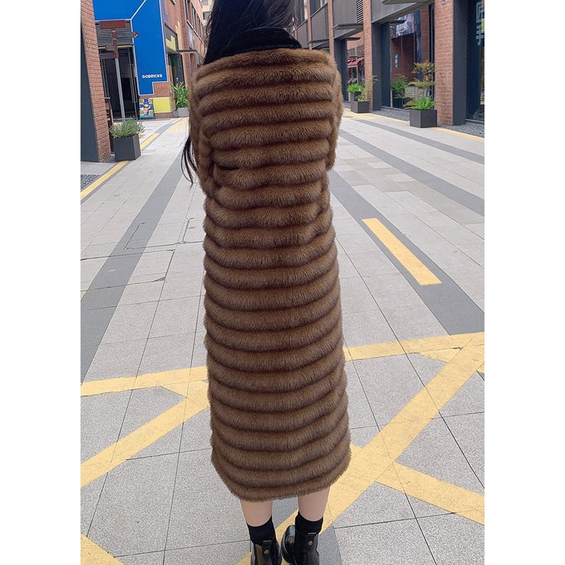 Style Coffee Peter Pan Collar Patchwork Leather And Fur Long Coats Winter