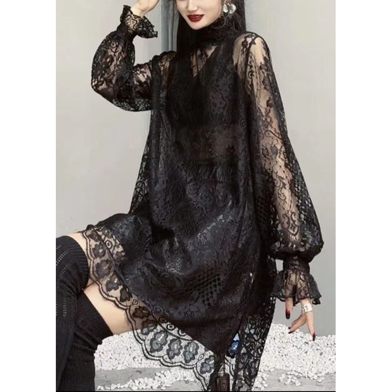 Stylish Black Hollow Out Patchwork Lace Top Fall