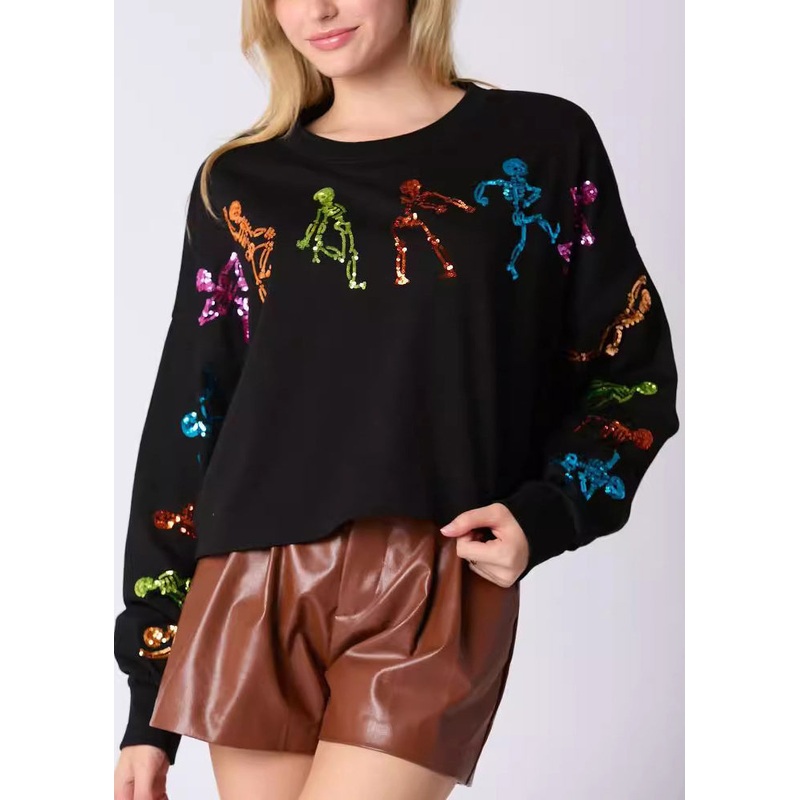 Stylish Black O Neck Sequins Cotton Sweatshirt Fall