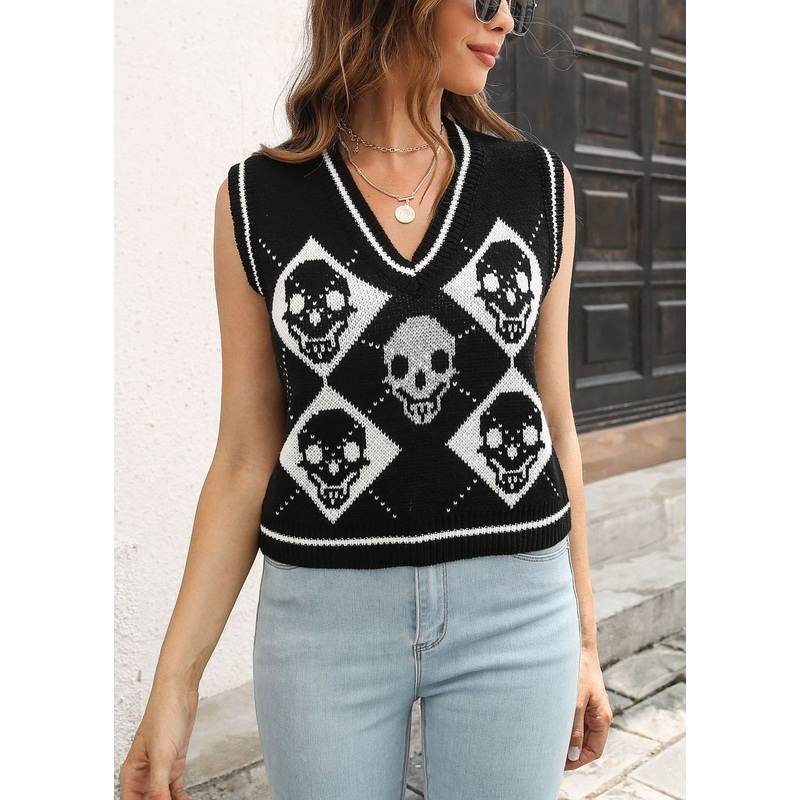 Stylish Black V Neck Hollow Out Knit Vest Sleeveless