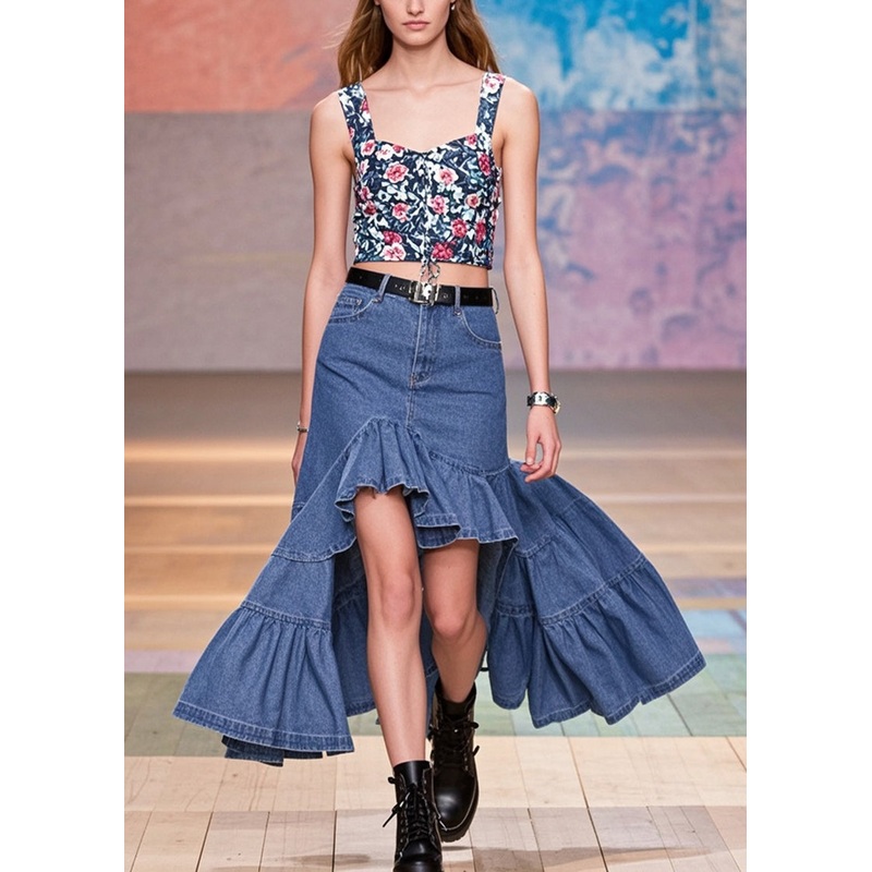 Stylish Blue Ruffles Patchwork Low High Design Denim Wraped Skirts Spring