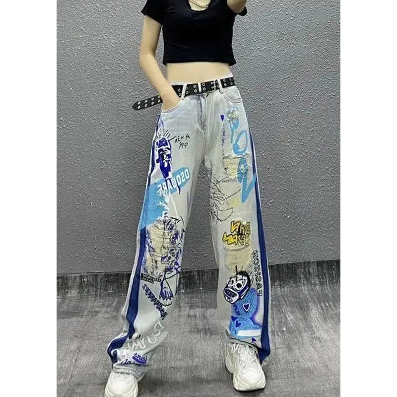 Stylish Photo Color Print Ripped Denim Straight Pants Spring Summer