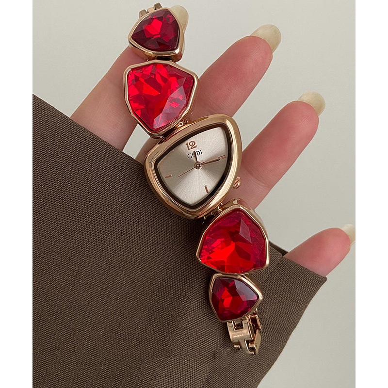 Stylish Red Stainless Steel Alloy Asymmetrical Crystal Watches