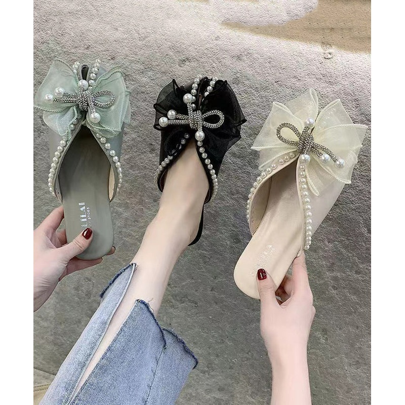 Summer New Versatile Black Bow Nail Bead Slide Sandals