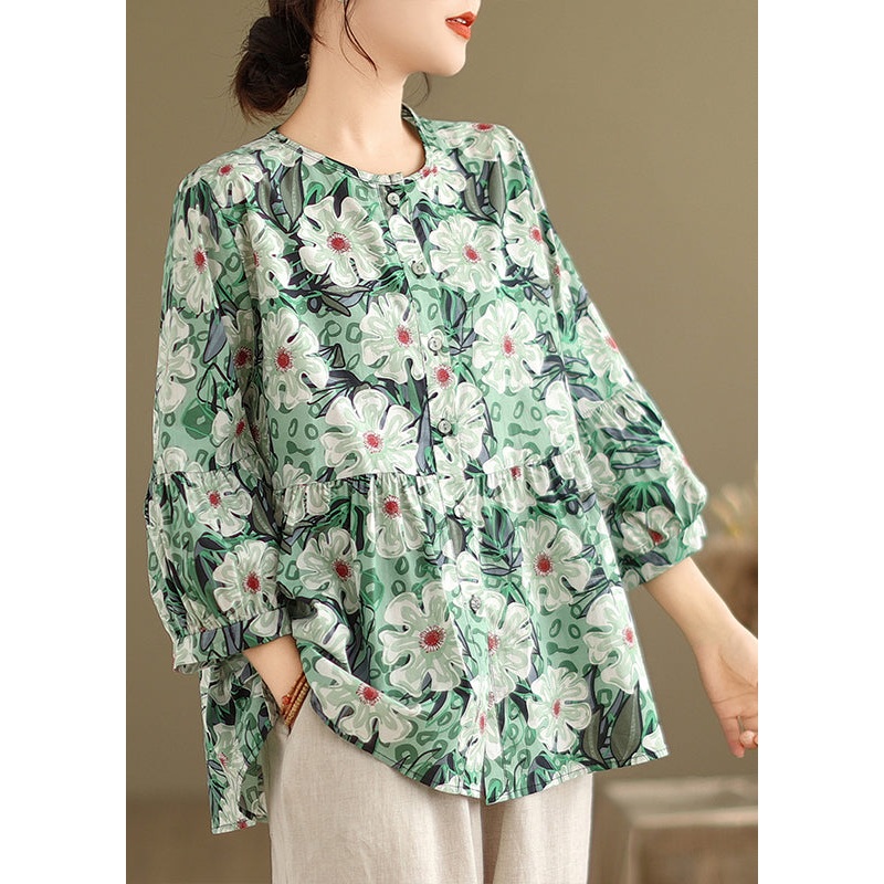 Unique Green O-Neck Button Wrinkled T Shirts Bracelet Sleeve