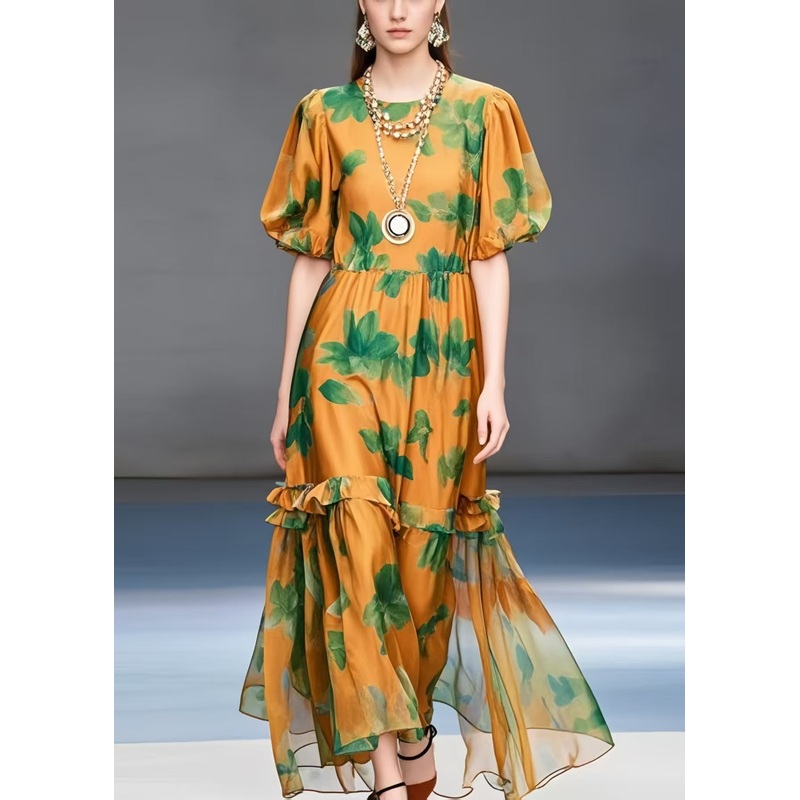 Unique Orange Ruffled Print Chiffon Long Dresses Summer