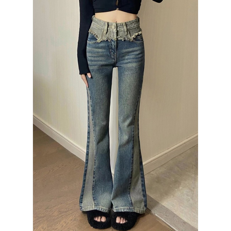 Vintage Blue Pockets High Waist Denim Pants Spring
