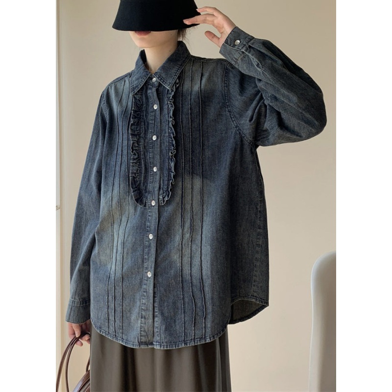 Vintage Blue Ruffled Button Denim Shirt Fall