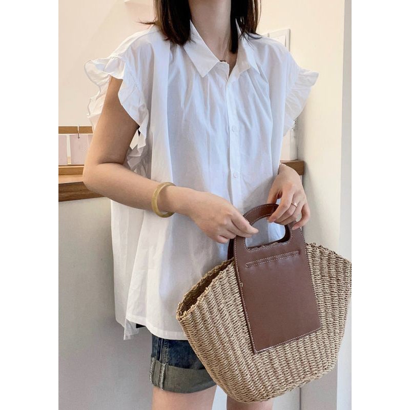 White Low High Design Cotton Top Peter Pan Collar Short Sleeve