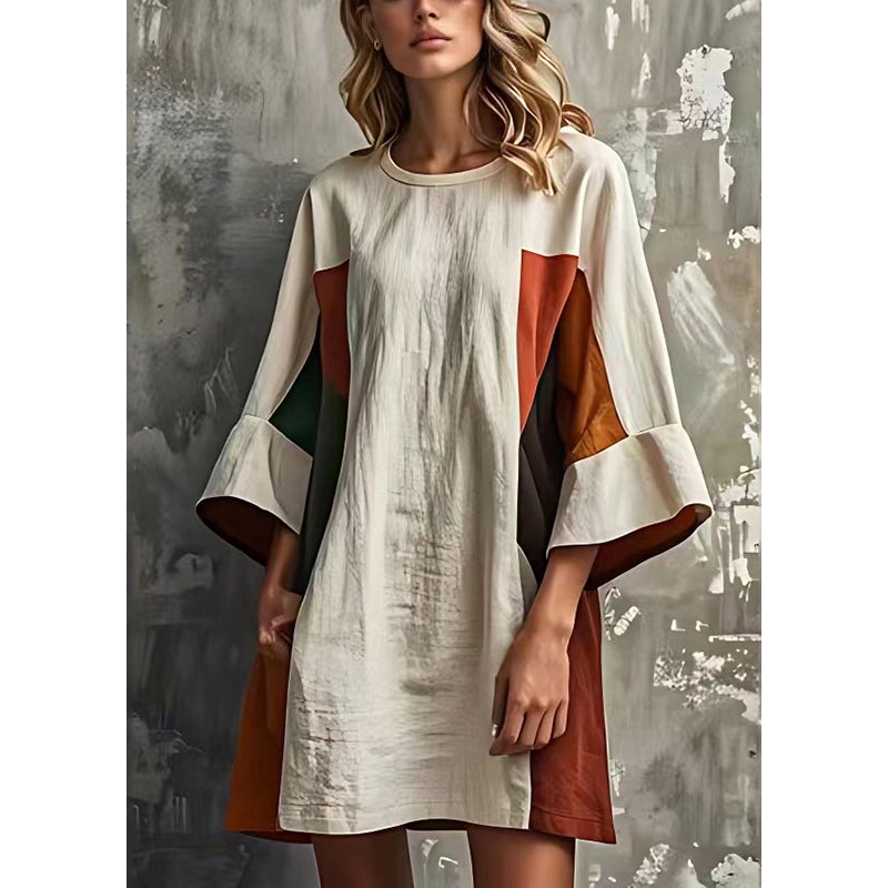 White Patchwork Cotton Vacation Dresses O-Neck Flare Sleeve