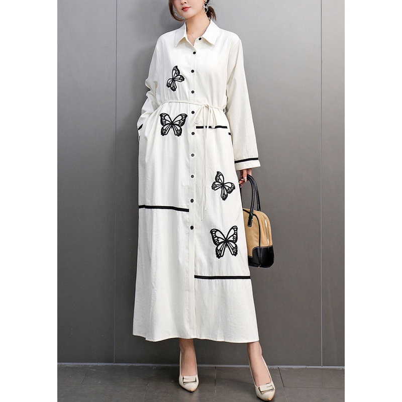 White Patchwork Tie Waist Button Maxi Dresses Spring