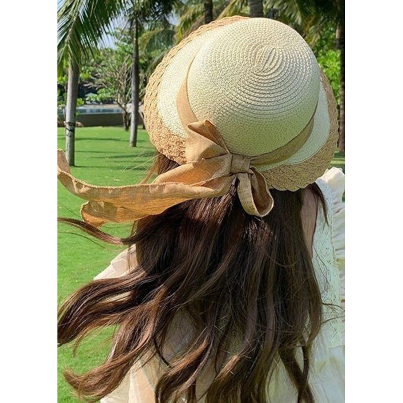 Women Beige Lace Up Patchwork Straw Woven Bucket Hat