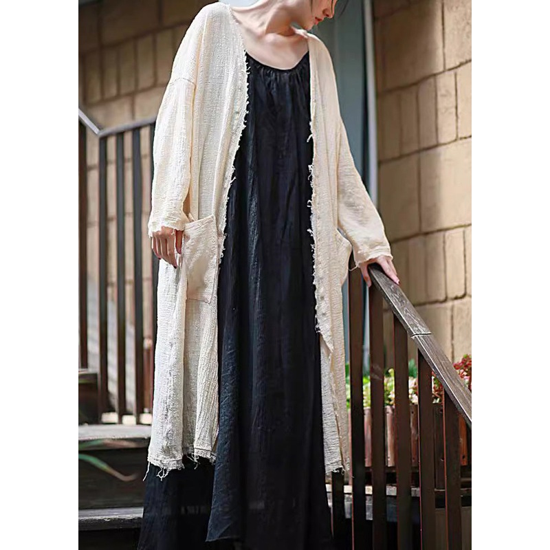 Women Beige Tasseled Pockets Linen Cardigan Long Sleeve