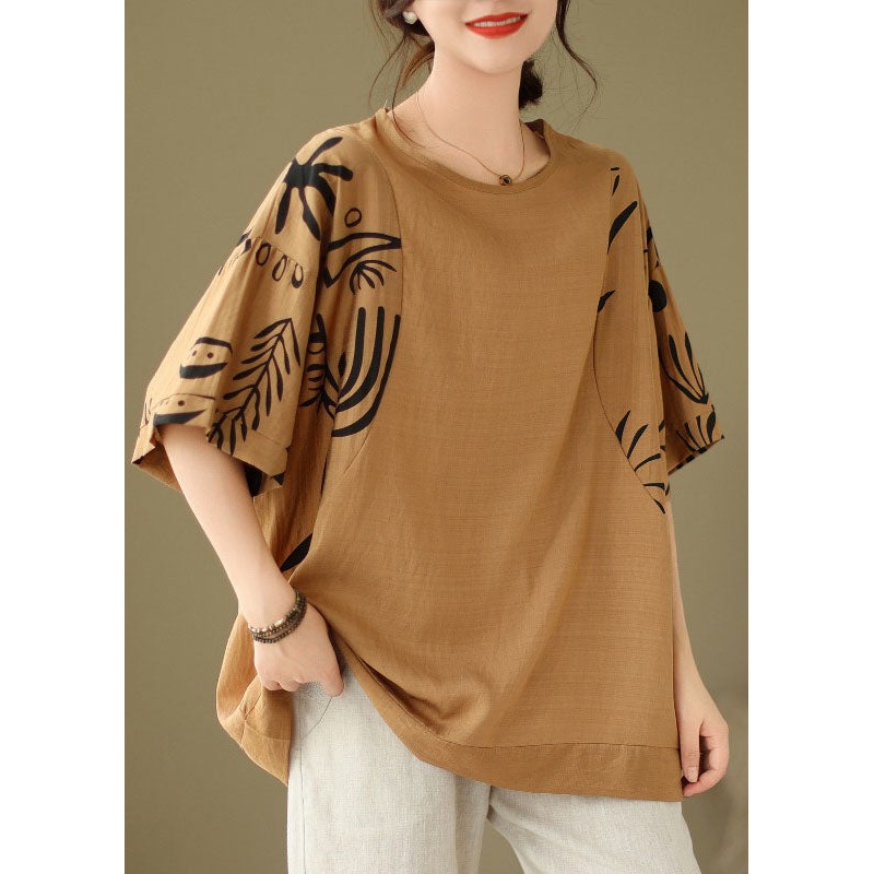Women Coffee O-Neck Print Cozy Top Summer
