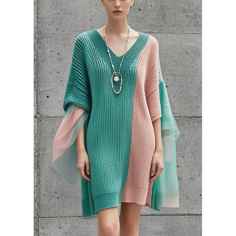 Women Colorblock Asymmetrical Patchwork Knit Sweater Dress Fall