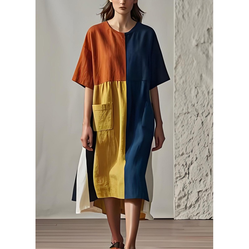 Women Colorblock O Neck Pockets Patchwork Cotton Dresses Summer