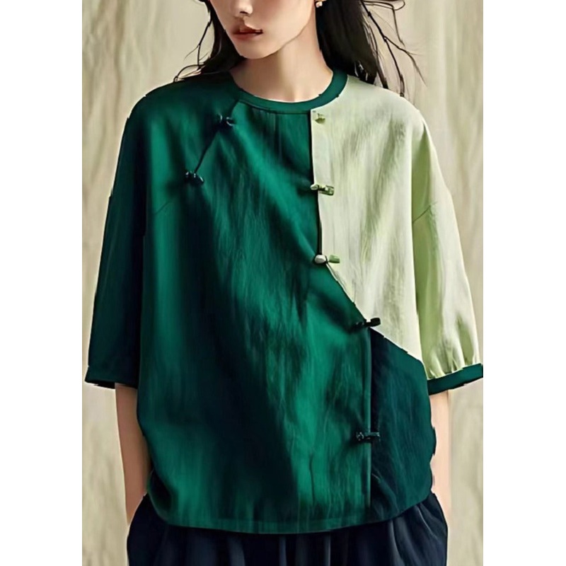 Women Green Oversized Patchwork Chinese Button Linen Shirt Summer