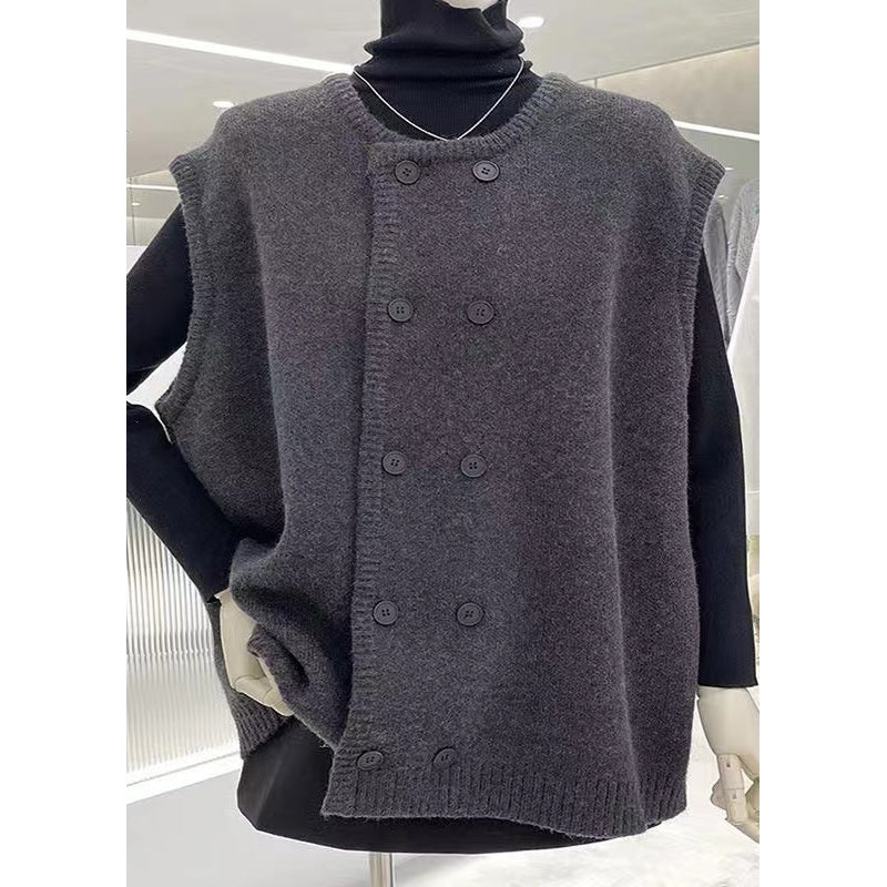 Women Grey O Neck Double Breast Patchwork Knit Vest Sleeveless
