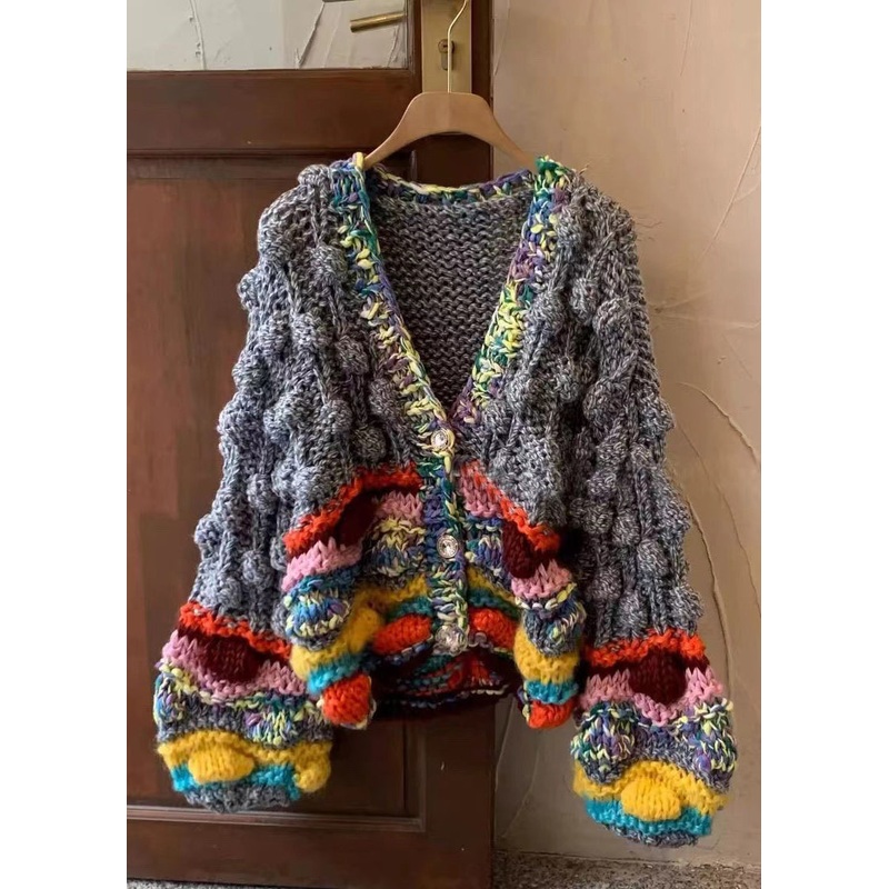 Women Grey V Neck Button Cotton Knit Coat Winter