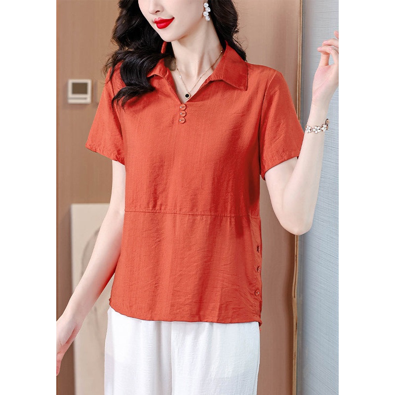 Women Orange Peter Pan Collar Cotton Blouses Summer