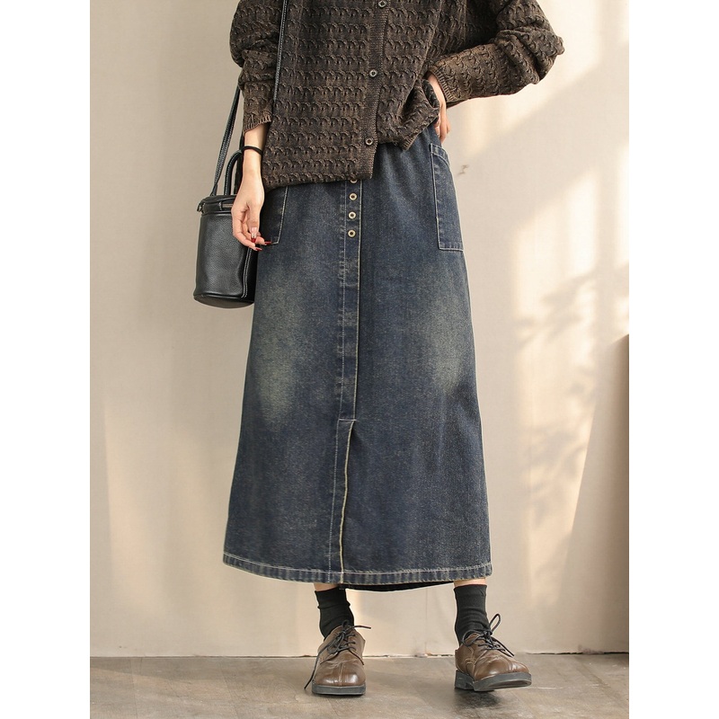 Women Spring Retro Minimalist Cotton Denim Skirt