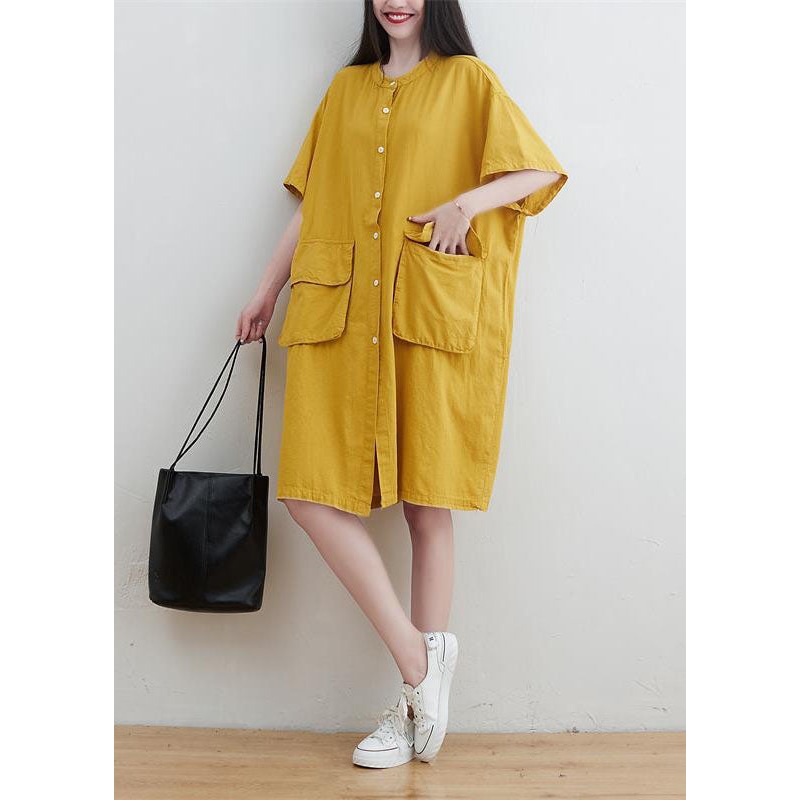 Yellow Linen Maxi Dresses O-Neck Oversized Short Sleeve