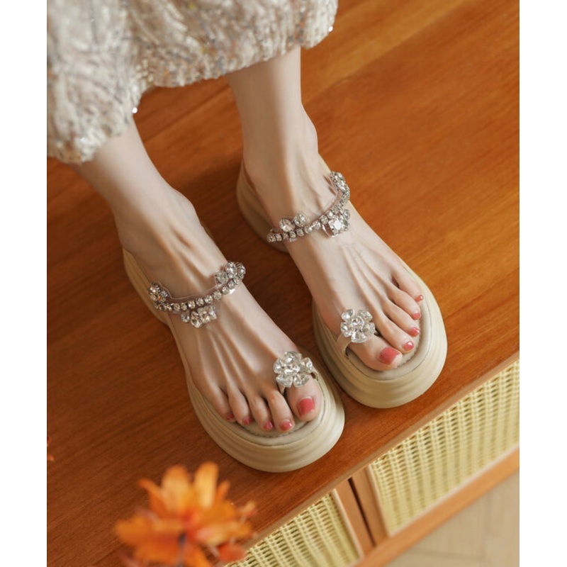 Apricot Flip Flops Platform Stylish Splicing Zircon Slide Sandals