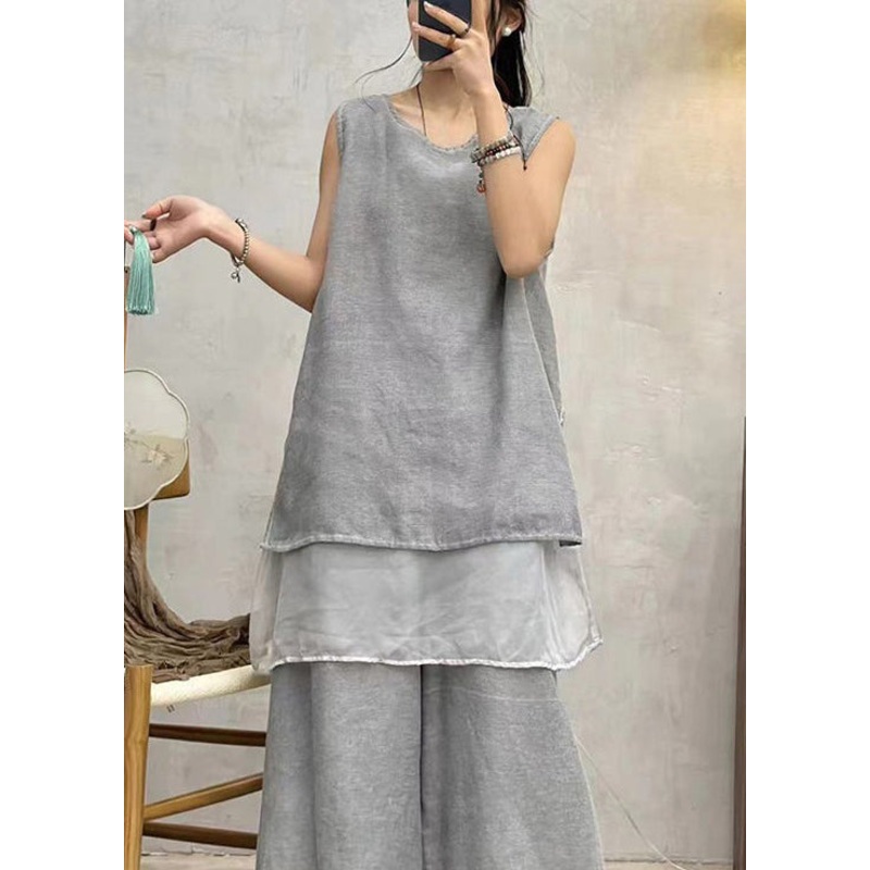 Art Grey Solid Side Open Cotton Tank Summer