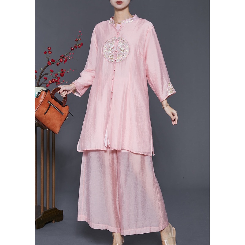 Art Pink Embroidered Linen Silk Two Pieces Set Spring