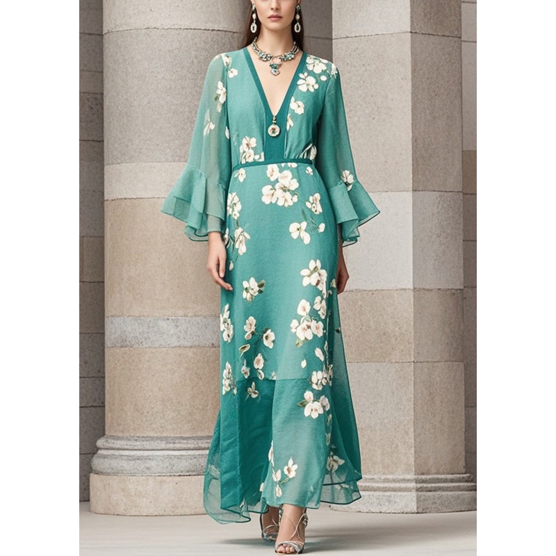 Beautiful Green Cinched Print Chiffon Dress Flare Sleeve
