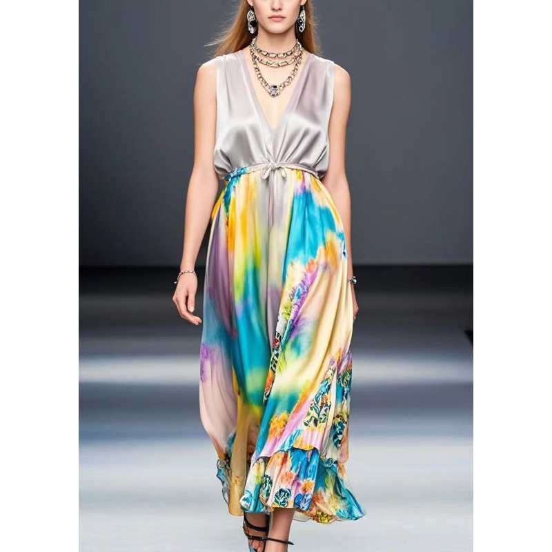 Beautiful Light Purple Cinched Tie Dye Silk Long Dress Sleeveless