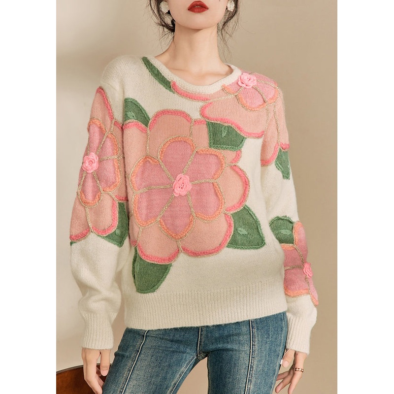 Beautiful Pink Floral Patchwork Cozy Cotton Knit Sweaters Fall