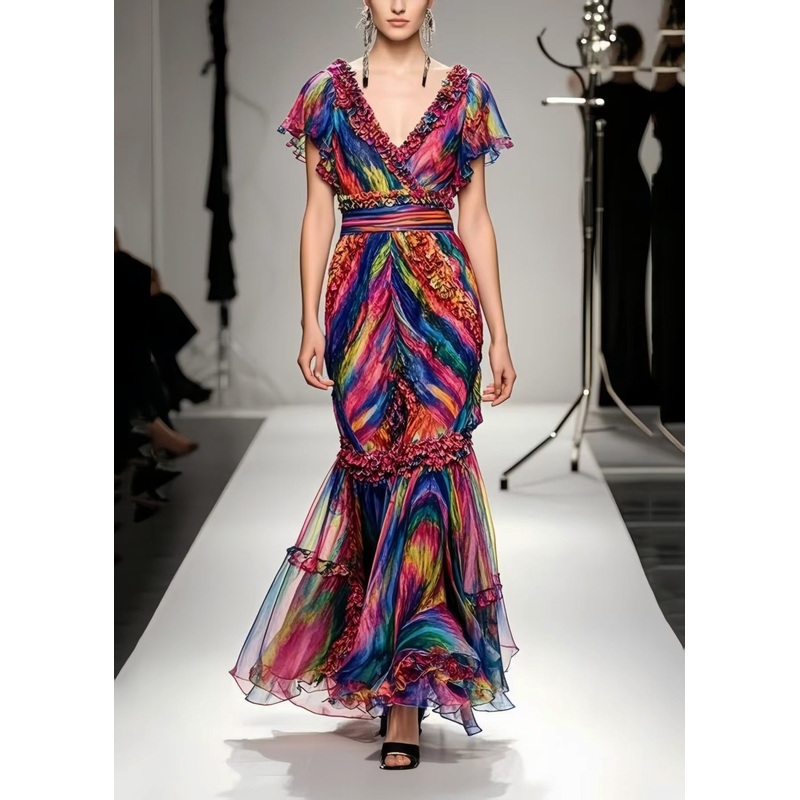 Beautiful Ruffled Tie Dye Chiffon Robe Dresses Summer