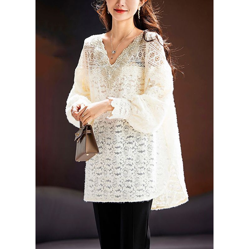 Beige Hollow Out Lace Top V Neck Long Sleeve