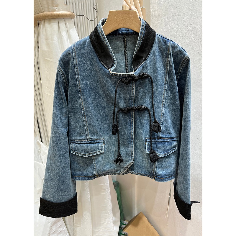 Black Button Patchwork Denim Coats Stand Collar Long Sleeve