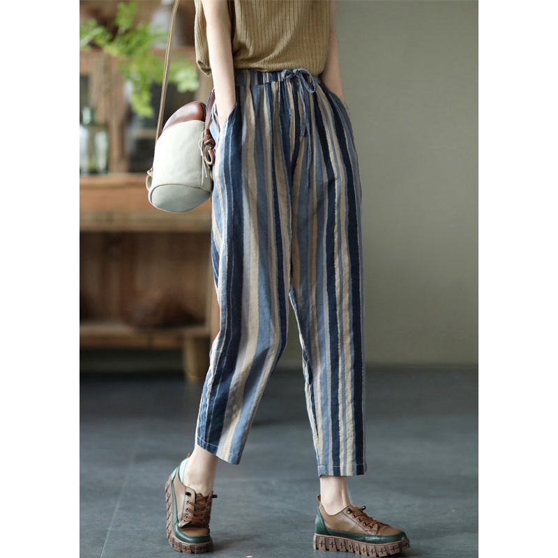 Blue Lace Up Pockets Cotton Crop Pants High Waist