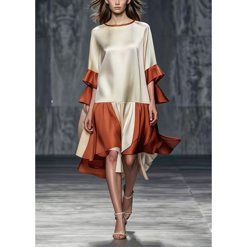 Bohemian Champagne Oversized Patchwork Draping Silk Dresses Summer