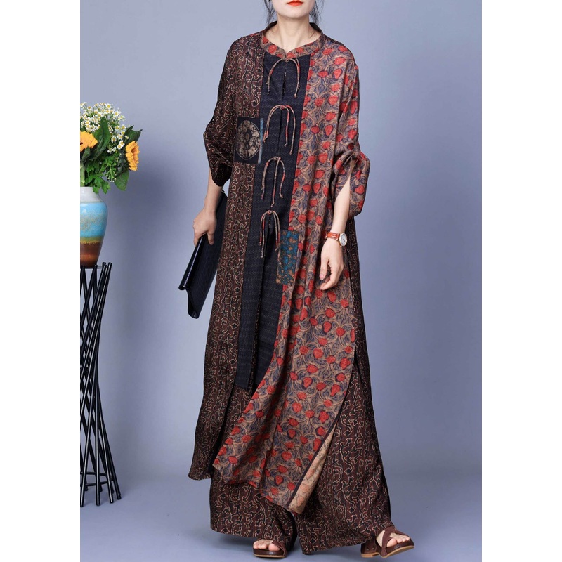 Bohemian Coffee Print Tops And Wide Leg Pants Silk Two Pieces Set Spring