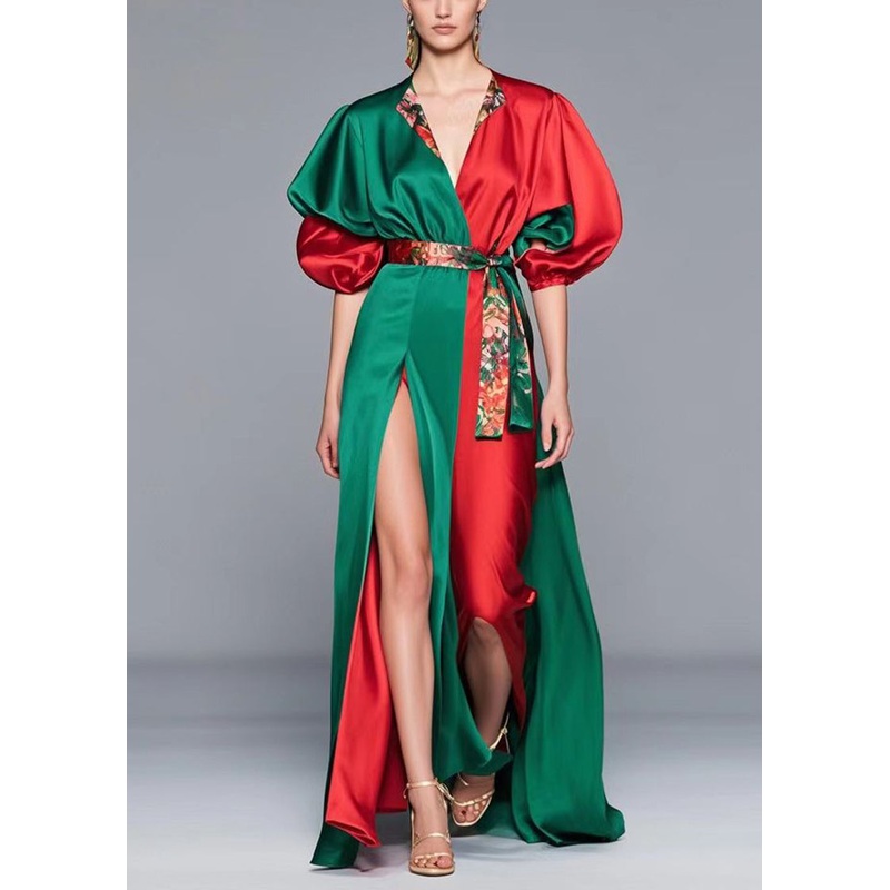 Bohemian Colorblock Cinched Patchwork Side Open Silk Full Dress Summer