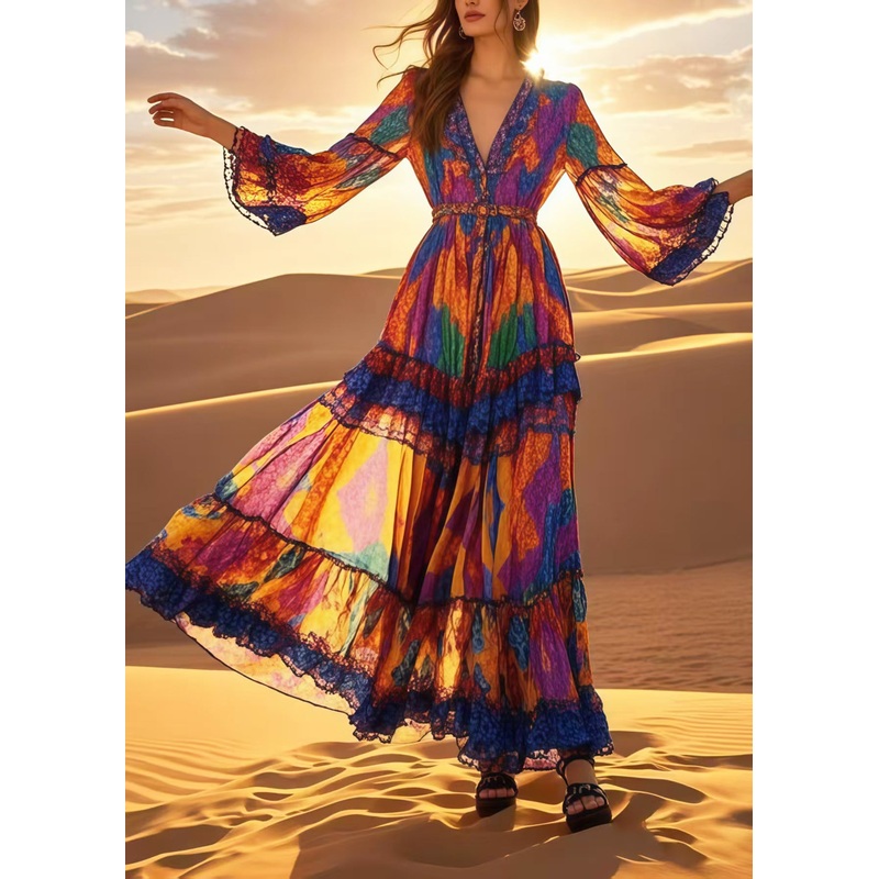 Bohemian Multicolour Print Chiffon Vacation Dress Spring