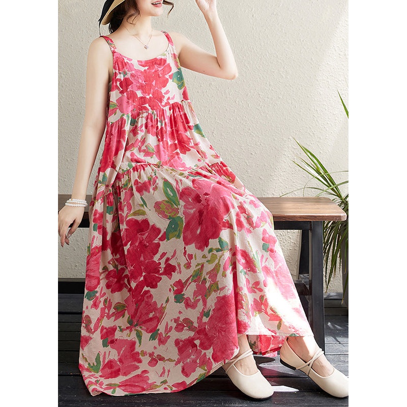 Bohemian Red Print Patchwork Cotton Spaghetti Strap Dress Sleeveless