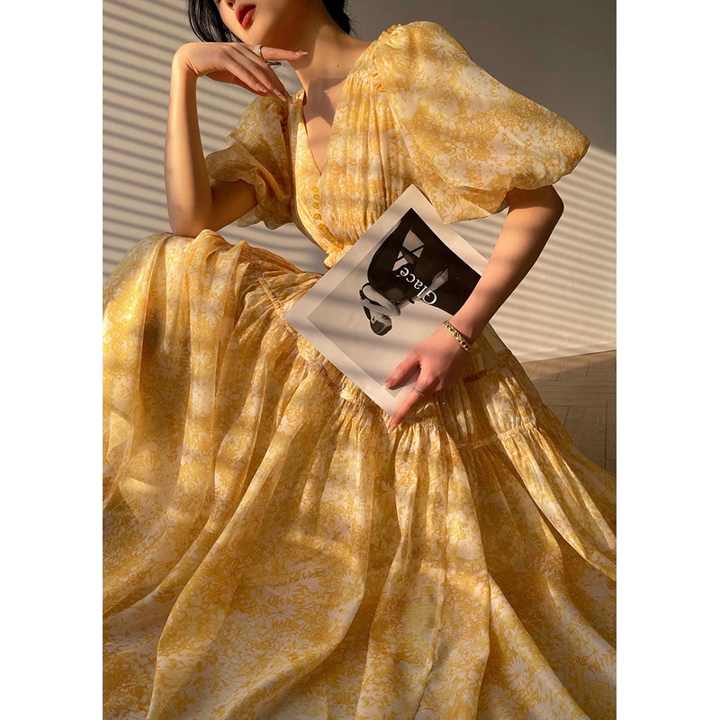 Bohemian V Neck Print Wrinkled Button Silk Maxi Dress Short Sleeve