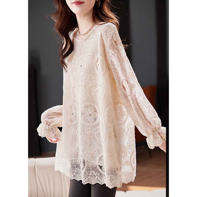 Boho Apricot Embroidered Hollow Out Chiffon Top Flare Sleeve
