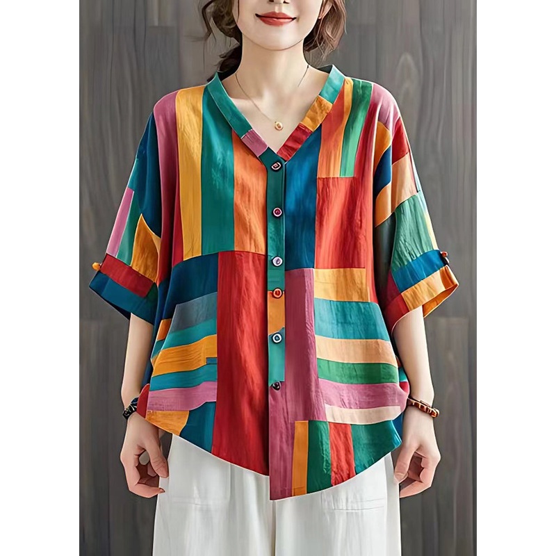 Boho Colorblock V Neck Striped Linen Blouse Top Summer