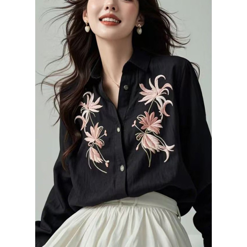 Boutique Black Embroidered Floral Button Shirts Spring