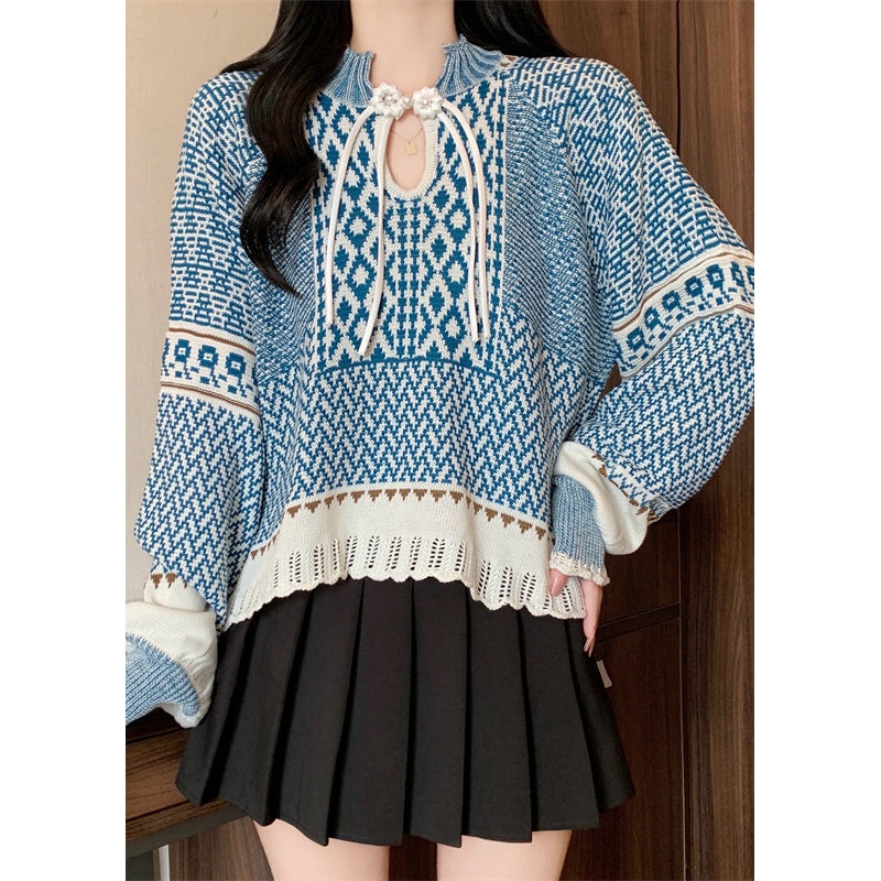 Boutique Blue Tasseled Jacquard Knit Short Sweater Winter