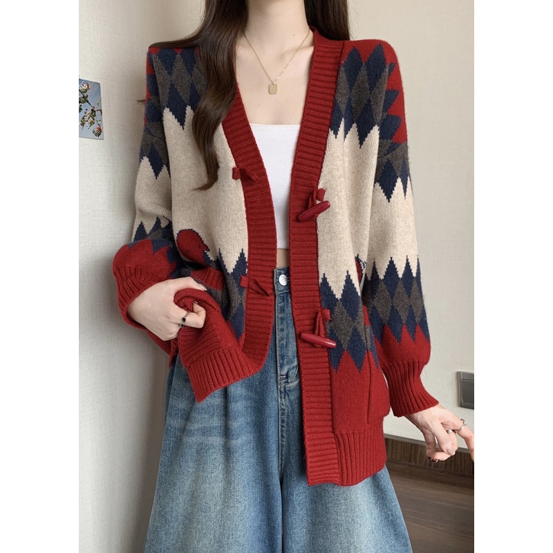 Boutique Red V Neck Bull Horn Buckle Knit Cardigans Winter