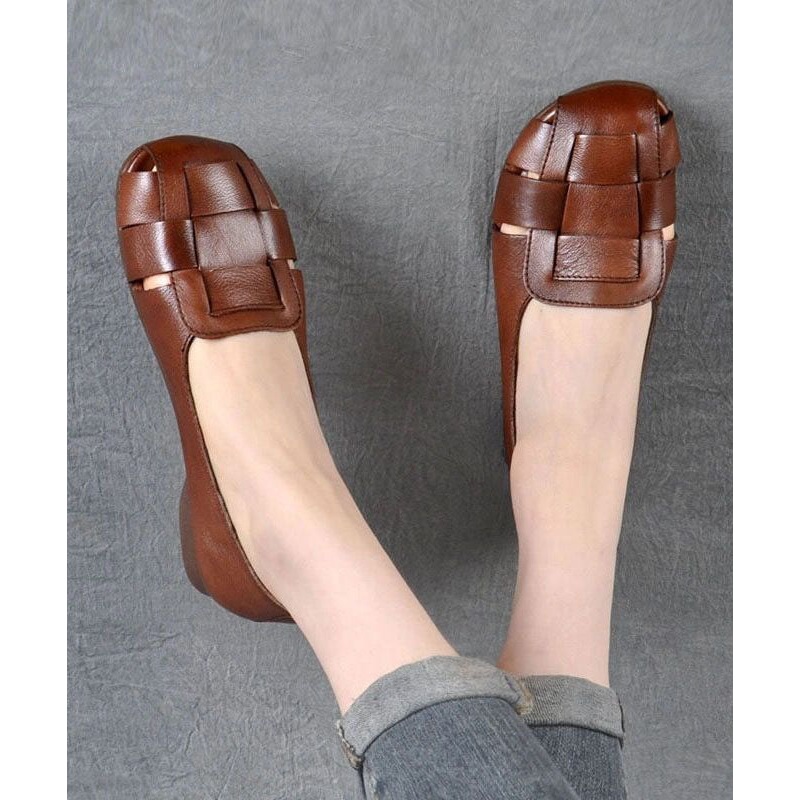 Brown Flat Feet Shoes Cowhide Leather Stylish Splicing Flat Shoes For Women
