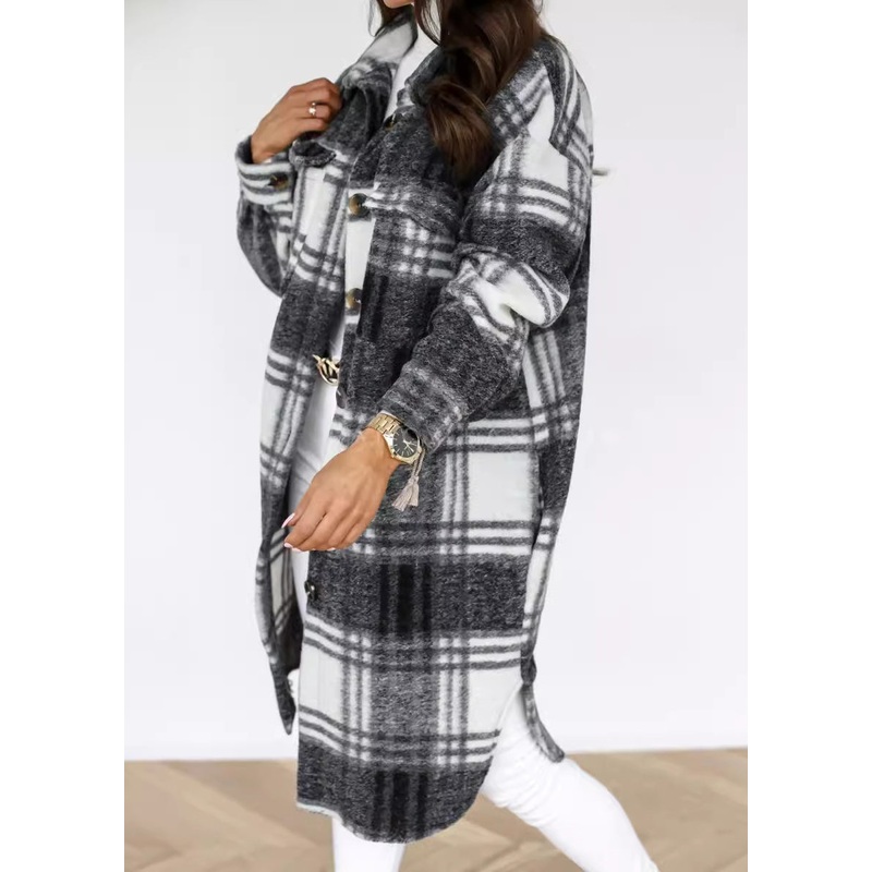 Casual Black Peter Pan Collar Plaid Woolen Shirts Coat Spring