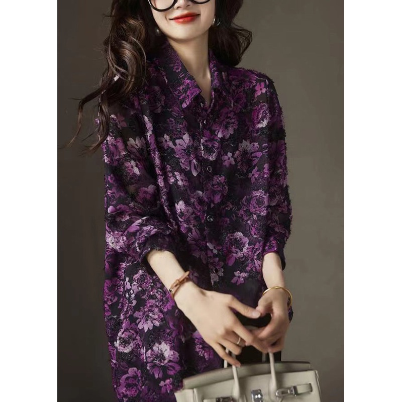 Casual Purple Print Peter Pan Collar Button Chiffon Shirts Fall